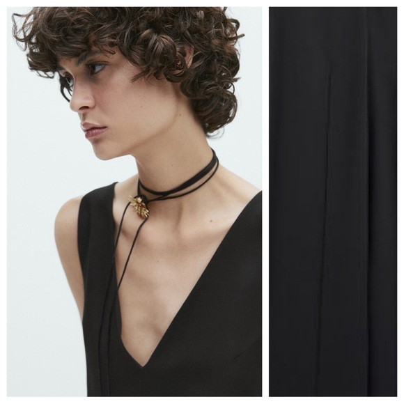 NWOT. Massimo Dutti Casual Style Black V-Neck Midi Dress with Strap. Size L. - Picture 5 of 12